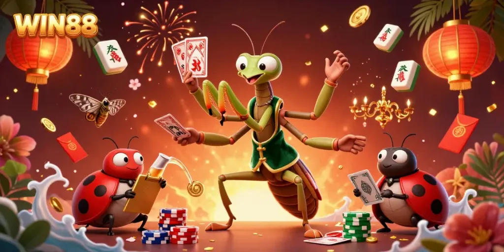 Engage with WIN88 as a giant praying mantis deals cards and a ladybug pit boss oversees the vibrant casino
