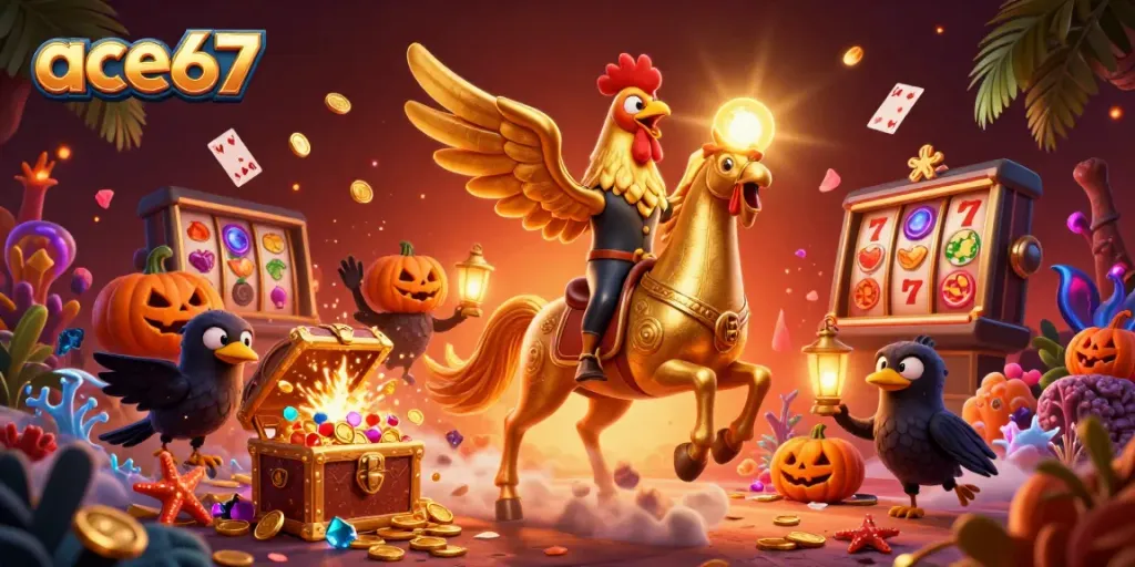 Experience thrilling gameplay at ace67 with a golden rooster in an exciting casino scene.
