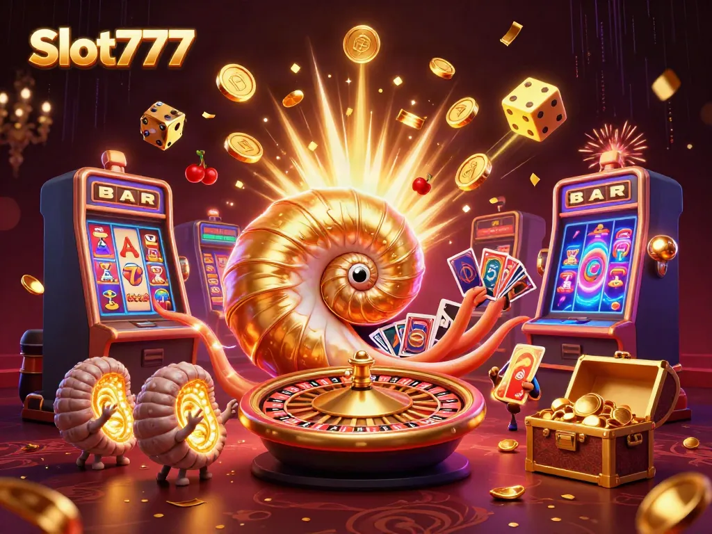 Experience the thrill of Slot777 with a vibrant 3D casino scene bursting with excitement and jackpots.