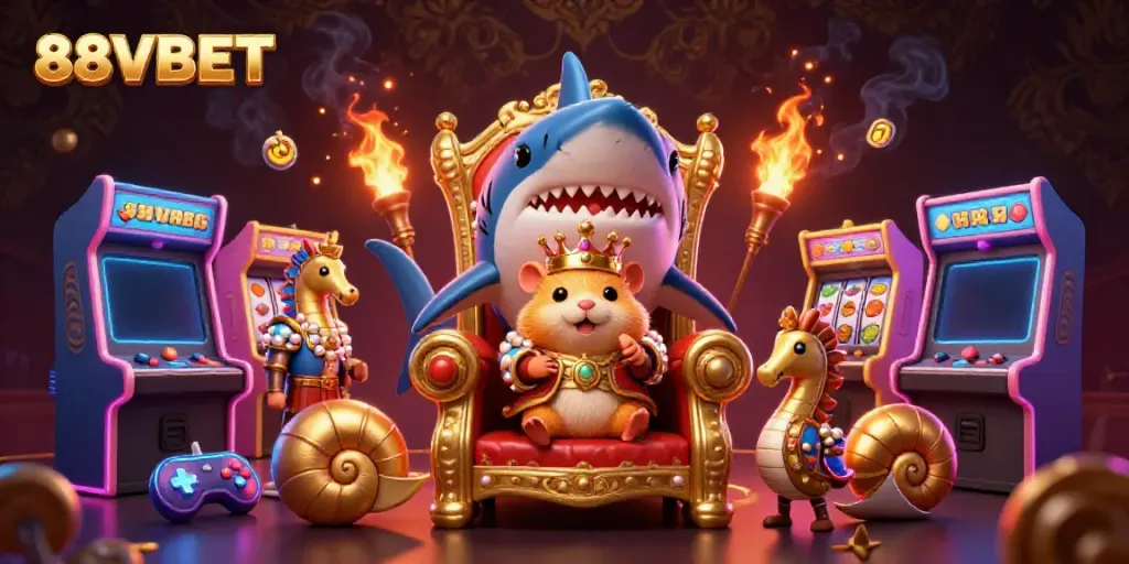 Win big with 88VBET's thrilling 3D casino illustration featuring a hamster king amidst slot machines.