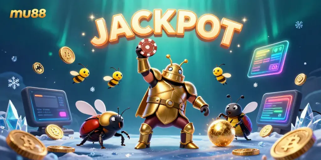 Experience mu88's dynamic casino atmosphere through a victorious beetle and vibrant gaming elements.