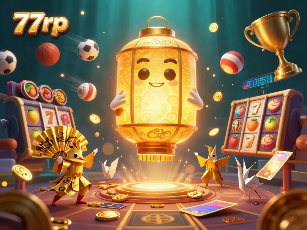 Embrace the excitement of winning at 77rp with a vibrant casino scene featuring glowing spirits and dynamic game elements.