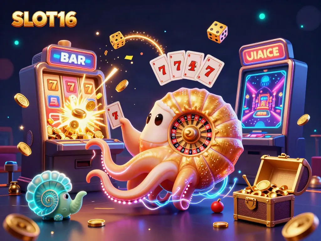 Experience SLOT16's thrilling jackpot with a vibrant 3D illustration of casino characters and game elements.