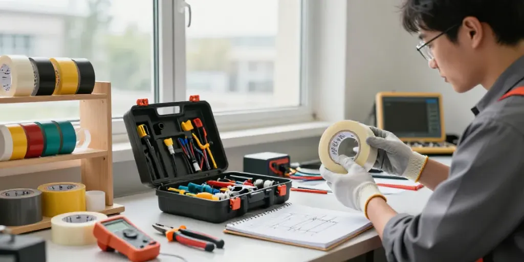 Technician working with Link Super33 electrical tape in a modern workspace.