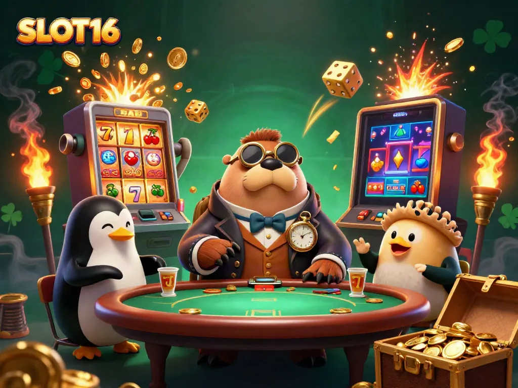 Experience thrilling gameplay with SLOT16 at an underwater poker table in this vibrant illustration.