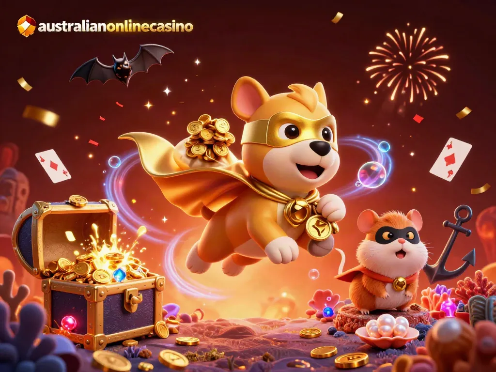 Experience the thrill of australianonlinecasino with our playful superhero dog and charming hamster in a festive gaming scene.