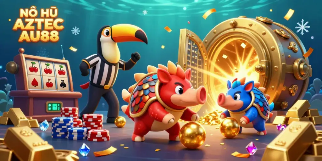 NỖ HŨ AZTEC AU88 features exciting pangolin characters bowling through casino chips, enhancing the thrill of jackpot slots.