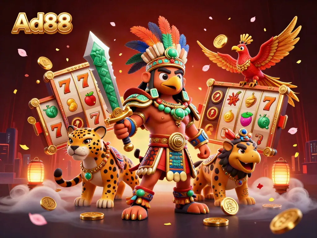 Experience thrilling slot action with Ad88's vibrant Aztec warriors and dynamic gaming elements.