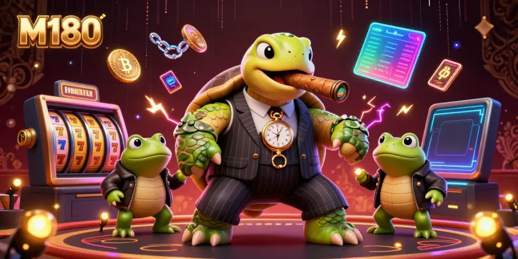 Win big with M180 casino excitement featuring a snapping turtle in a mobster suit and casino lights.