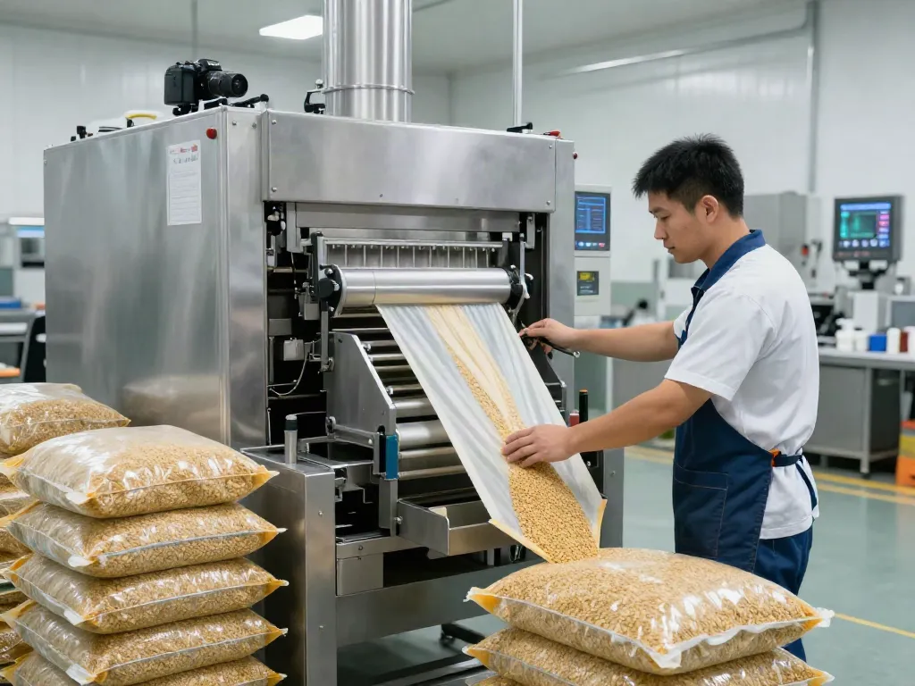Open mouth bag filling machine efficiently filling bags with grain in a modern production facility.