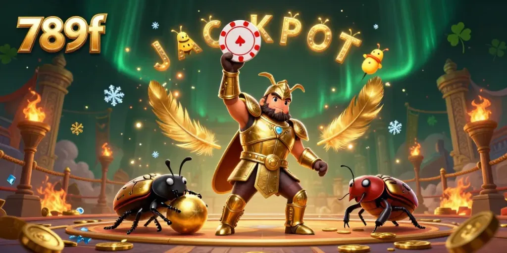 Experience the thrill at 789f with a victorious beetle champion lifting a poker chip!
