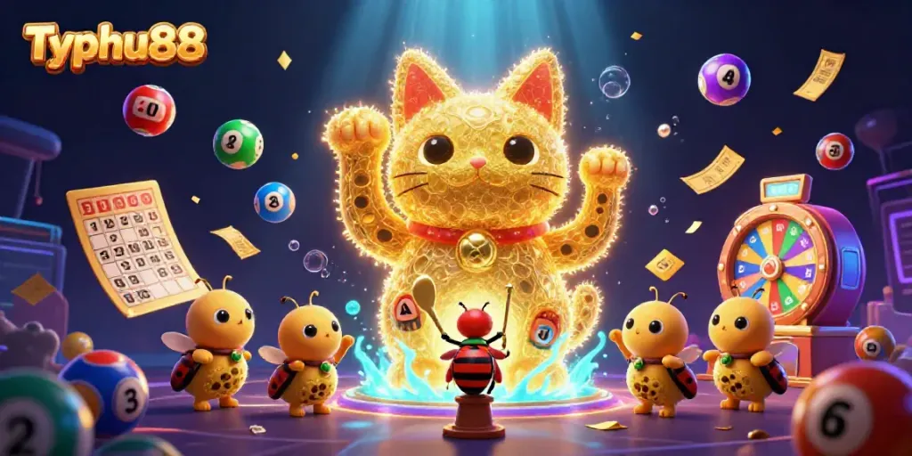 Experience the excitement of winning with Typhu88's dynamic casino-themed artwork and vibrant illustrations.