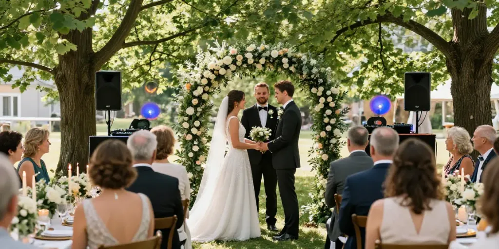 Outdoor wedding in Berlin with couple, guests, and DJ setup for hochzeit DJ berlin brandenburg.