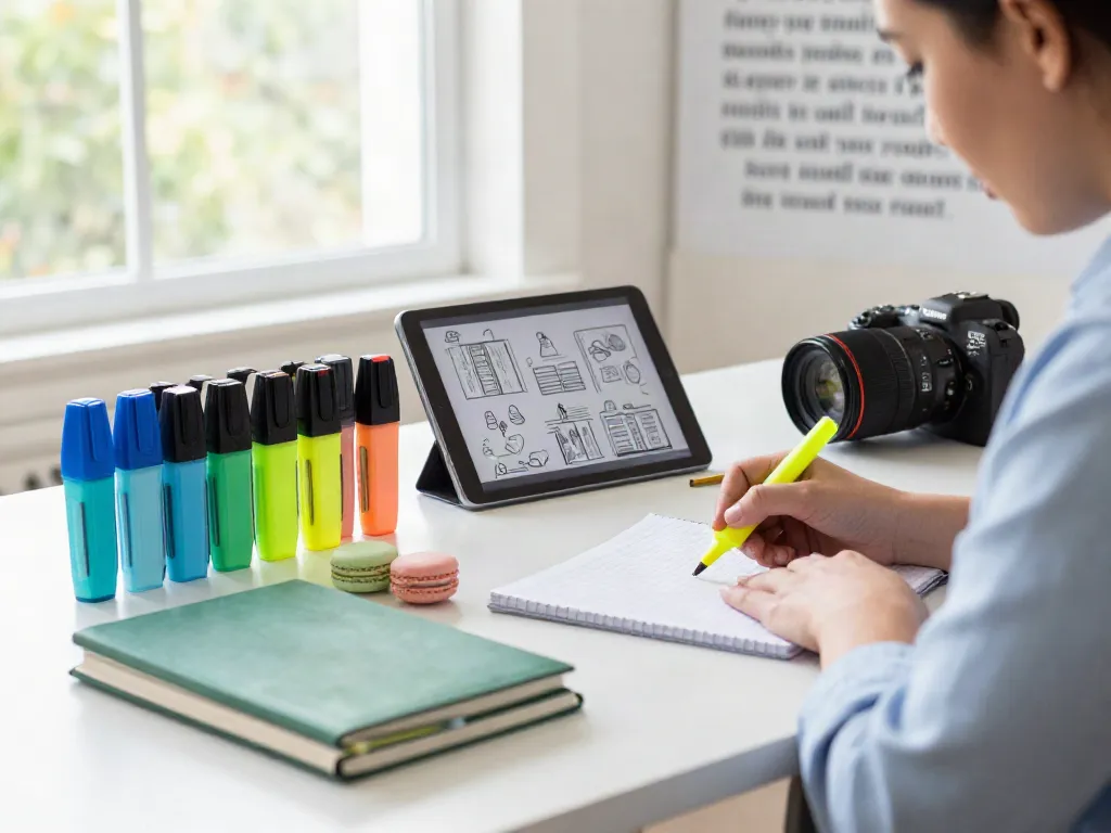 Highlighter manufacturer workspace with colorful highlighters and creative professional taking notes