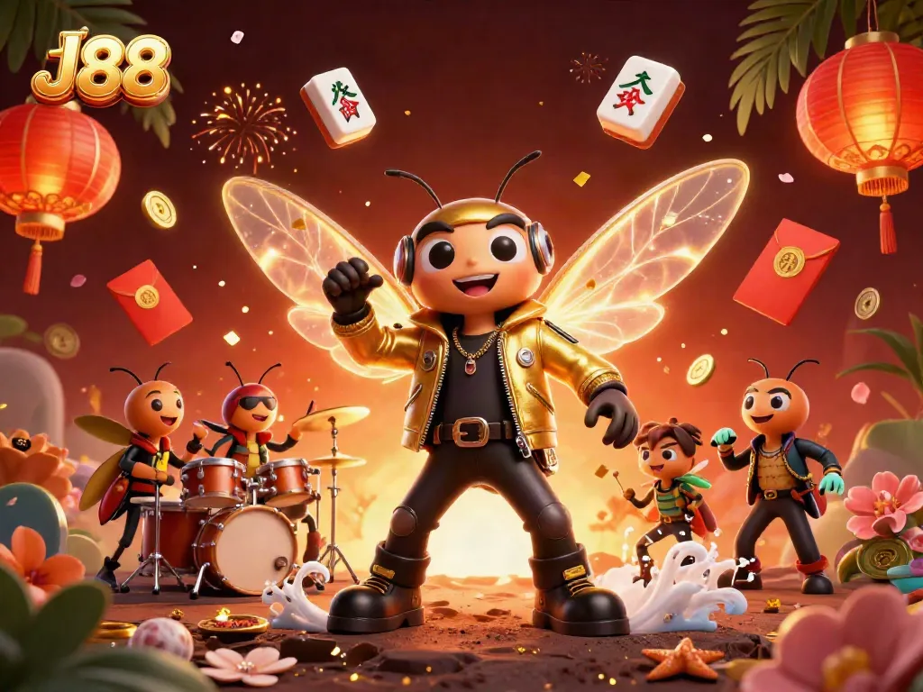 Experience the thrill of J88 gaming with a vibrant 3D scene featuring a rock star, drummer, and magical elements.