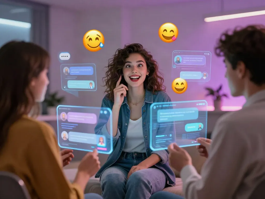 AI sex chat interaction with engaging avatars in a futuristic digital space.