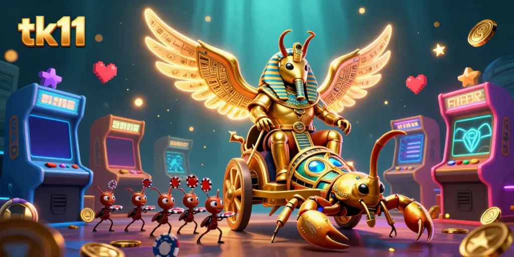 Engage with the thrilling world of tk11 featuring a grand golden scarab beetle in a vibrant casino scene with neon game elements.
