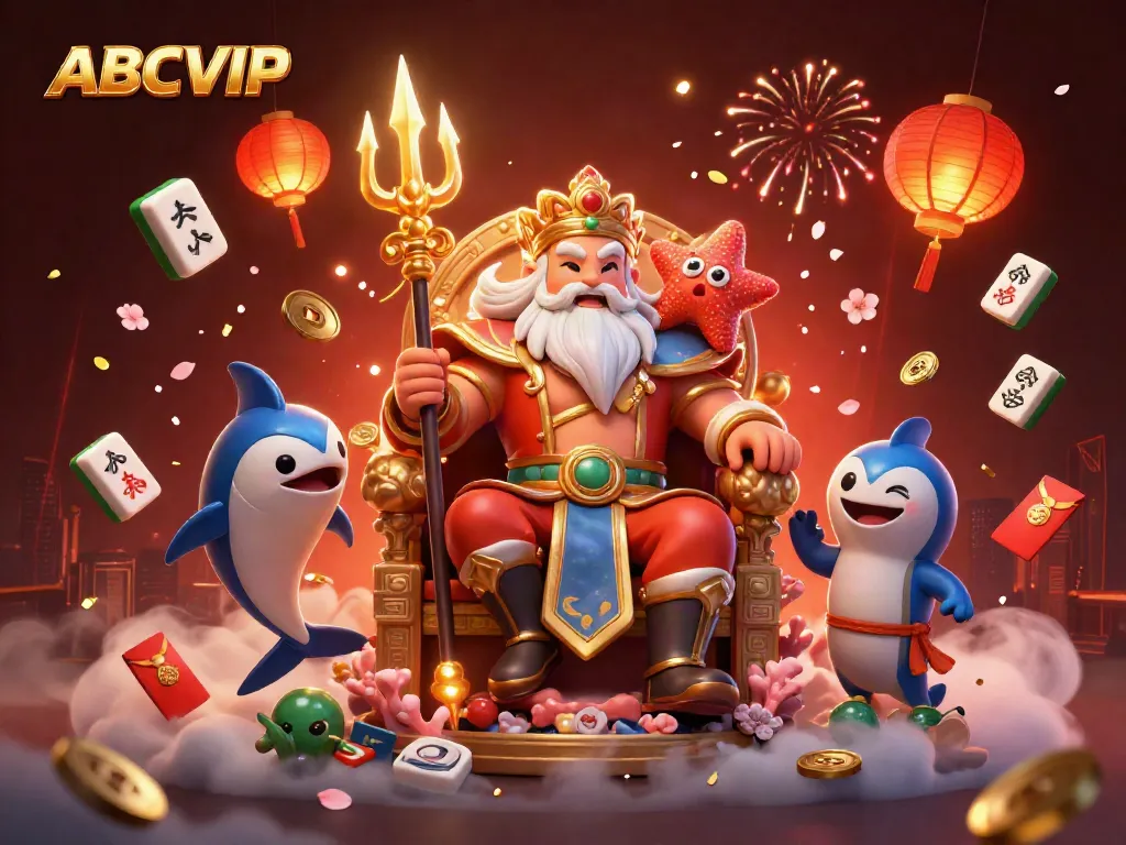 Engaging 3D illustration of ABCVIP’s vibrant casino experience with Neptune, samurai, and game elements.