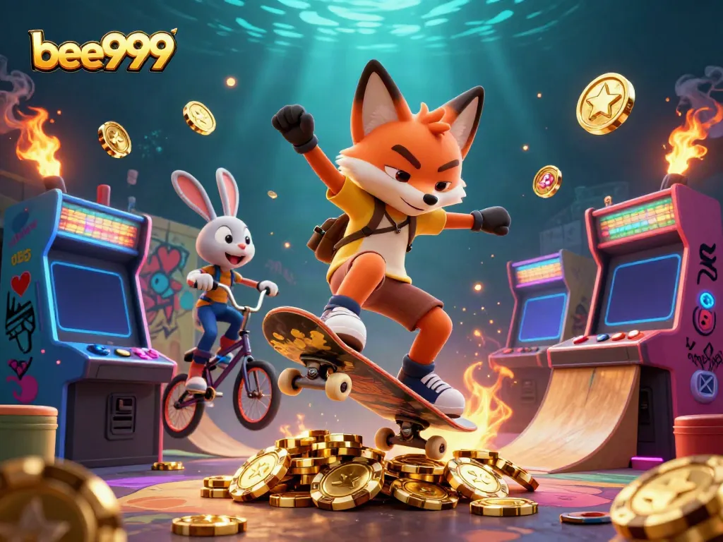 Engage with the bee999 gaming world through an energetic cartoon scene with casino-inspired characters and elements.
