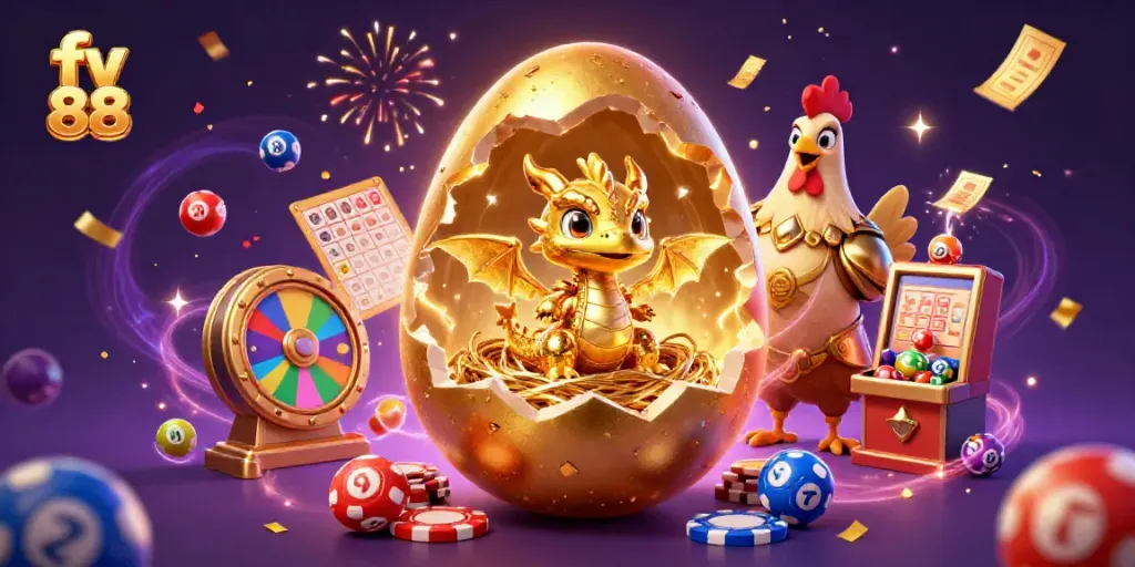 Engaging illustration of fv 88 highlighting a baby dragon with poker chips, colorful lottery balls, and a festive casino atmosphere.
