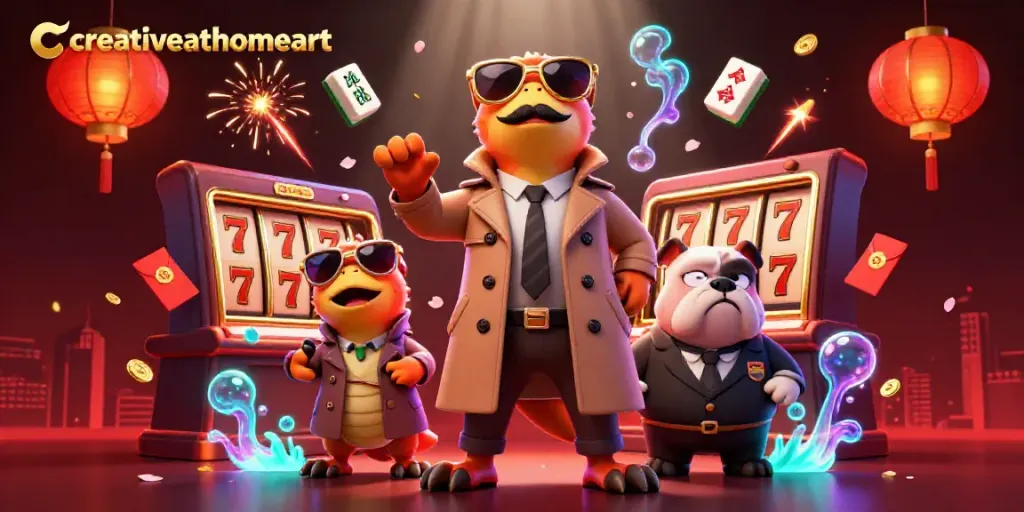 Experience the fun and excitement of creativeathomeart with this vibrant casino scene illustrating playful raptors and rich gambling elements.