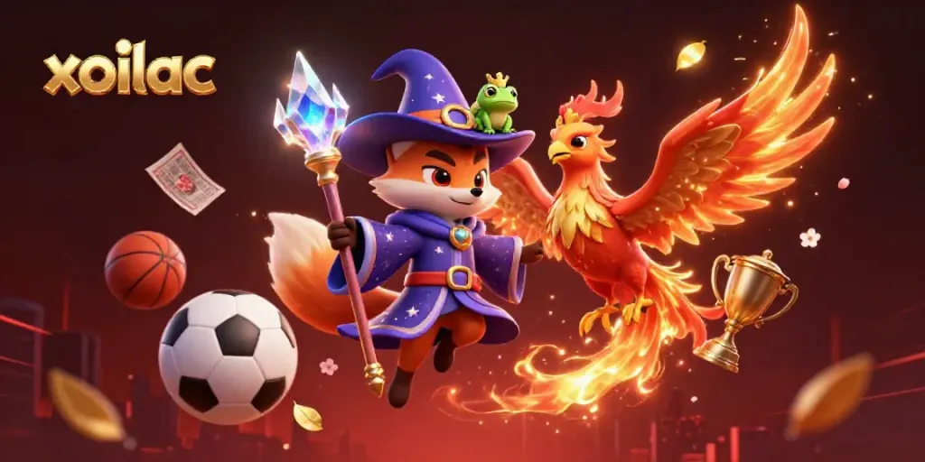 Experience thrilling sports action with the mesmerizing "xoilac" digital realm featuring dynamic elements of sports balls, trophies, and vibrant colors.