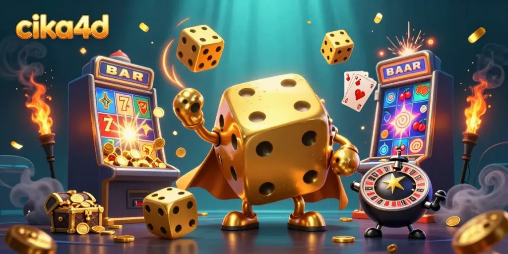 Experience exciting jackpots with cika4d's vibrant casino scene showcasing golden dice and dynamic slot machines.