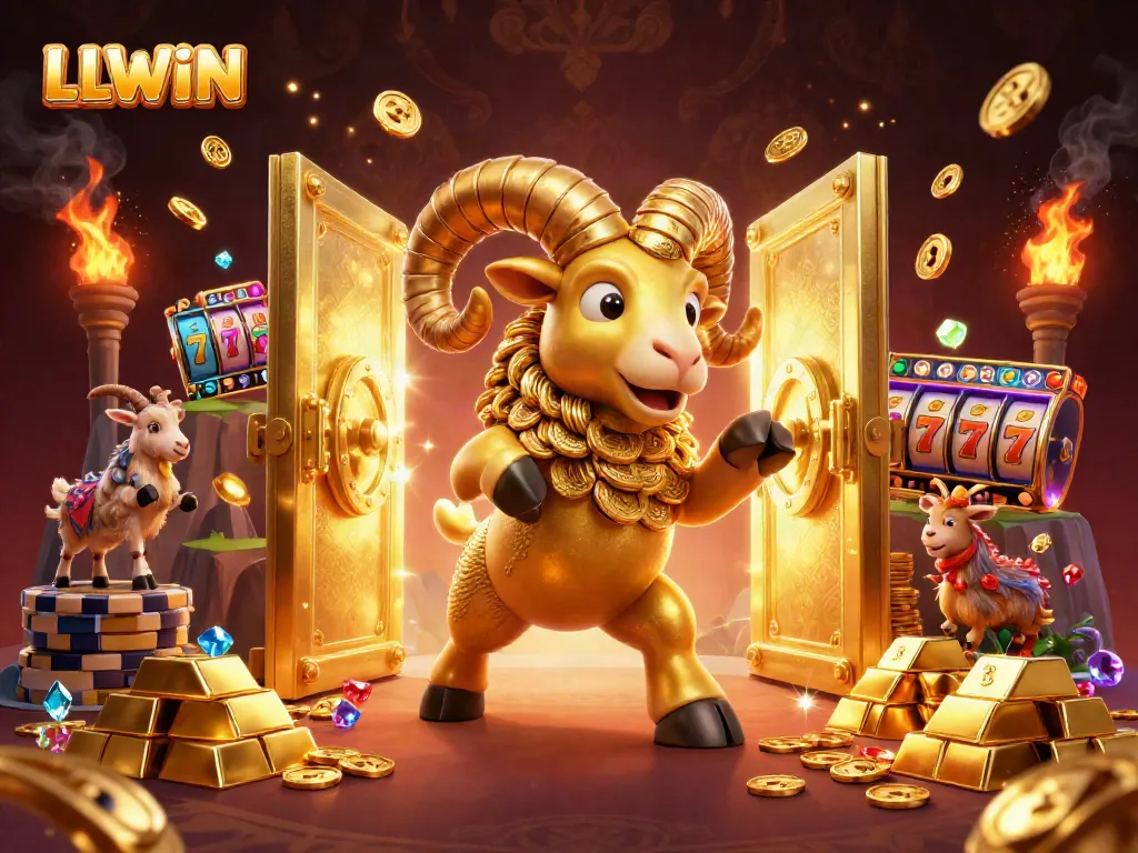 Experience thrilling wins at LLWIN with a massive golden ram charging amidst riches and slot reels.