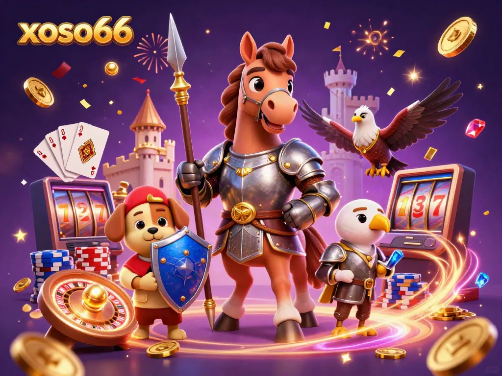 Experience the excitement of xoso66 with a knight and puppy in a dynamic casino scene bursting with action.
