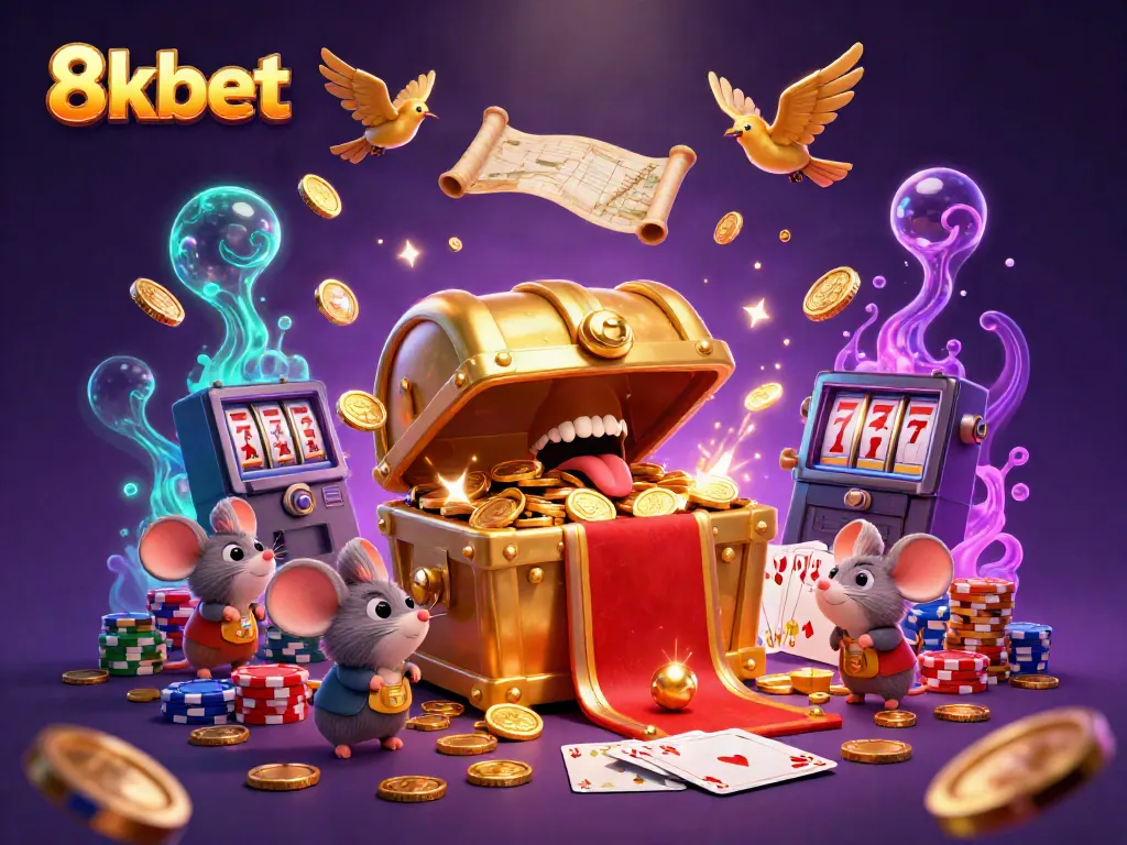 Admire the rich treasures at 8xbet's exciting casino scene with golden coins, gems, and games.