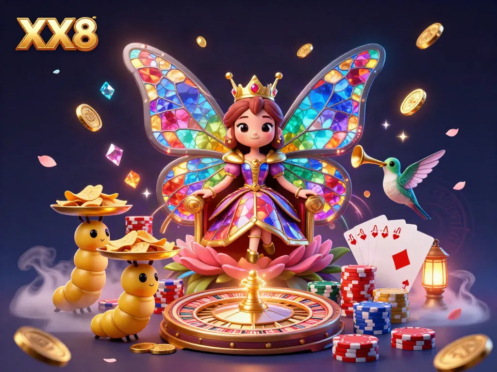 Experience the thrill of casino gaming with the enchanting scene featuring the whimsical XX8 characters among golden coins and roulette wheels.